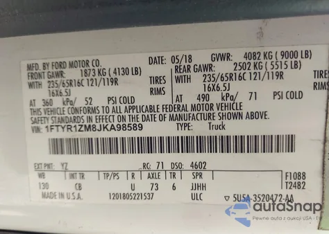 2018 Ford Transit-250 из США, поврежденный, VIN 1FTYR1ZM8JKA98589